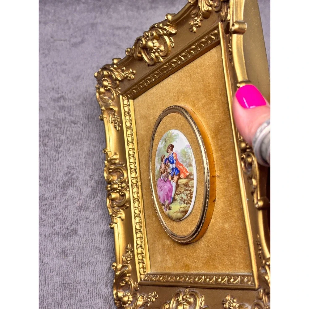 Vtg French FRAGONARD Porcelain Cameo Framed ORNATE Velvet Hollywood Regency